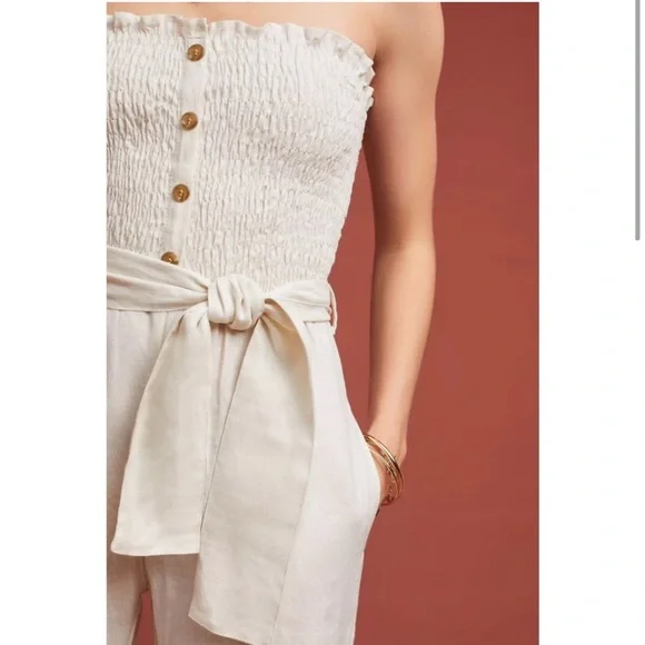 Faithfull The Brand Lais Linen Smocked Belted Jumpsuit in Ecru sz US 2